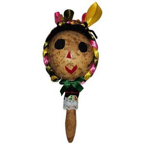 Handcrafted Mexican Maraca Doll With Colorful Ribbons 8 Inches Collectible